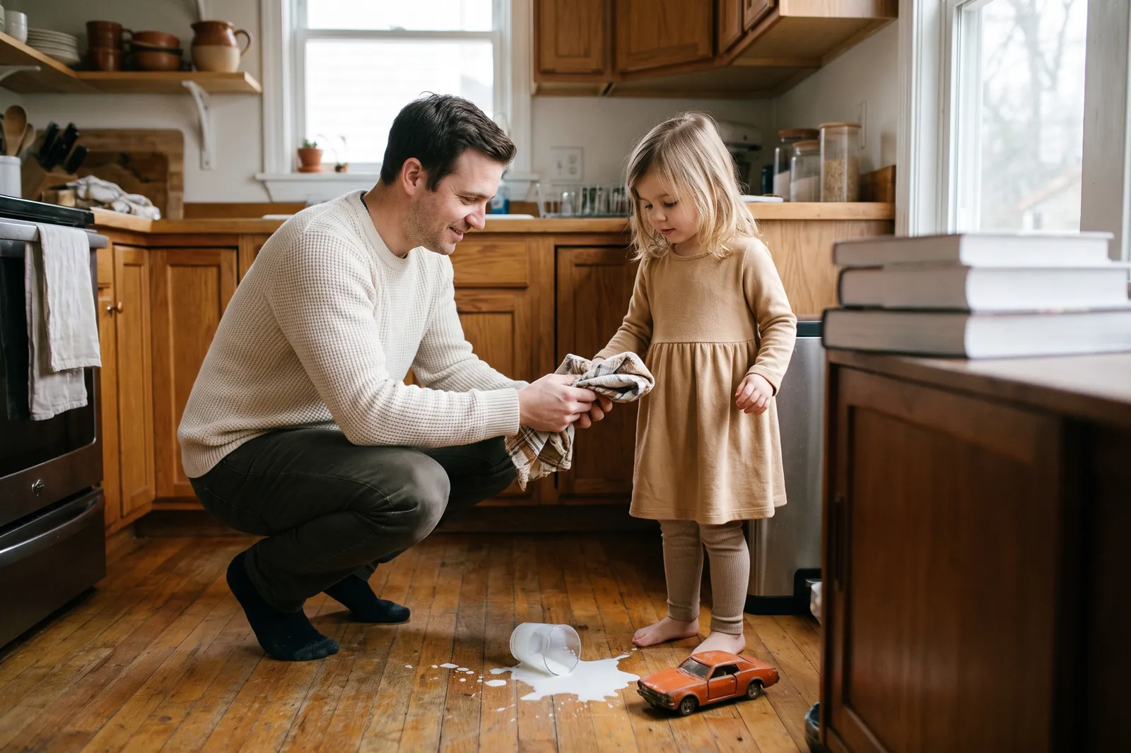 A father crouches beside his young daughter and a spilled glass of milk, handing her a cloth