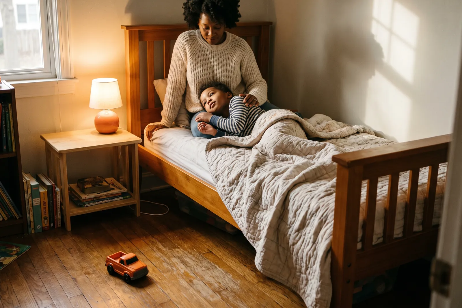 A mother sits on the edge of her four-year-old's bed with a reassuring hand on his back