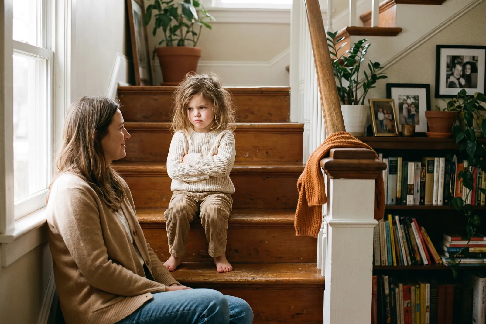 A five-year-old sits on the stairs with crossed arms while her mother sits calmly beside her