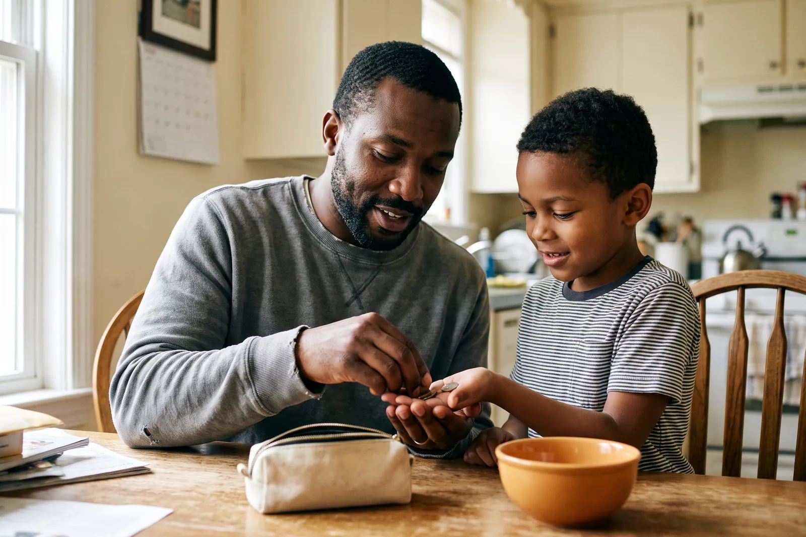 A father counts a few coins into his son's open palm at the kitchen table