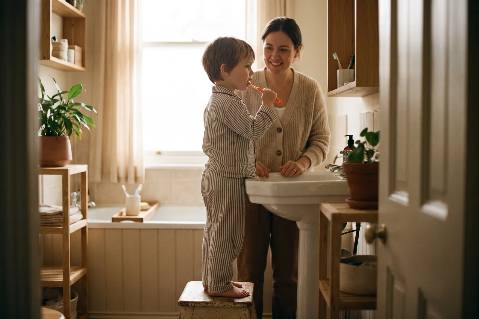 A child in pajamas brushes their teeth on a step stool while a parent smiles behind
