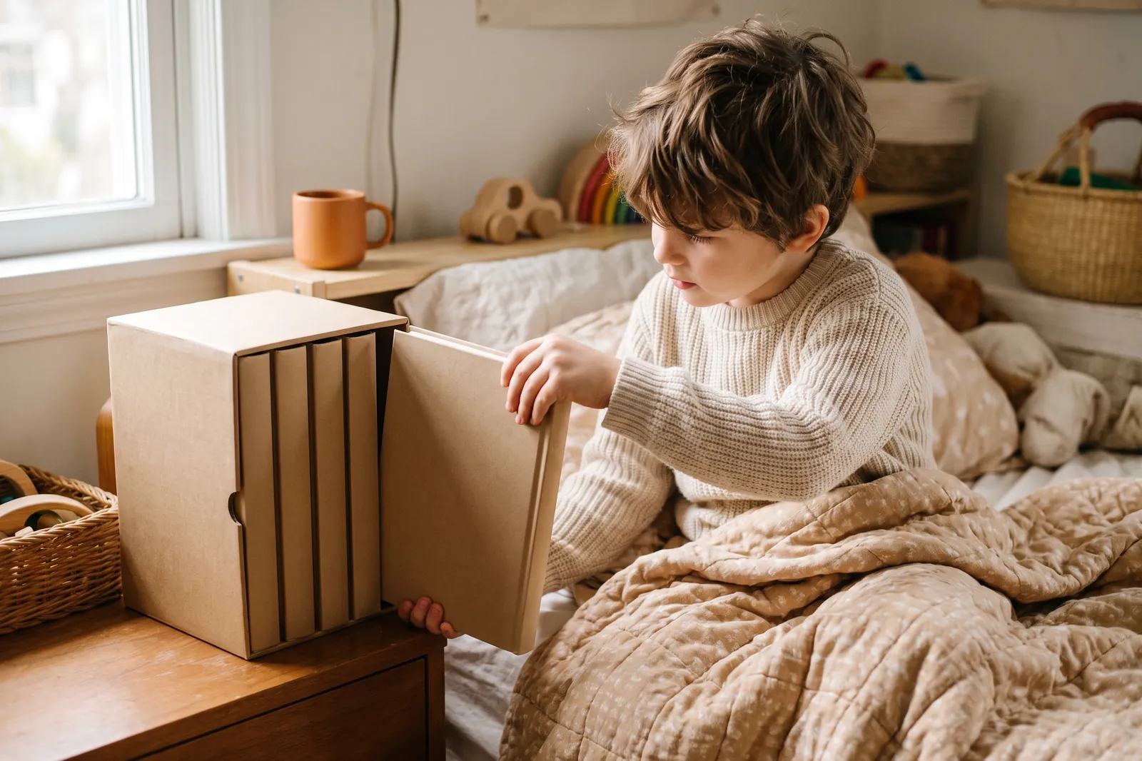 A boy sits on his bed pulling a book out of a matching boxed set of children's hardcovers