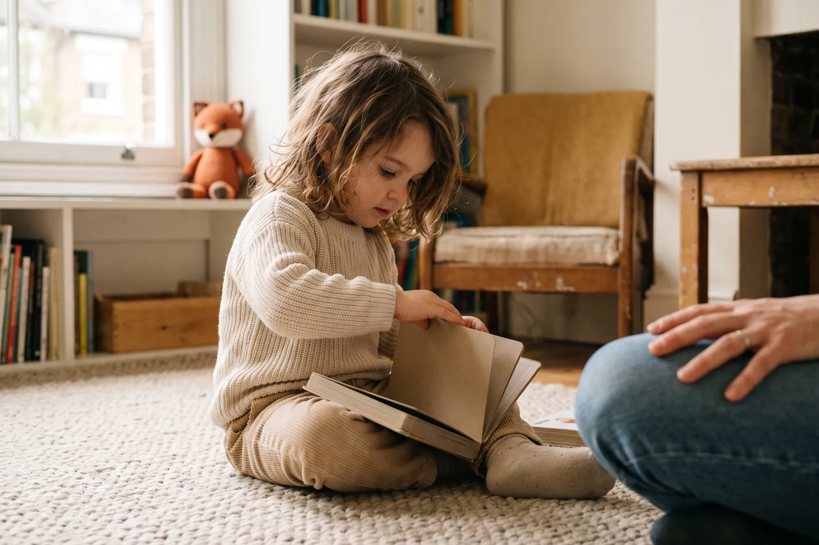 A three-year-old turns the page of a chunky board book on a soft rug