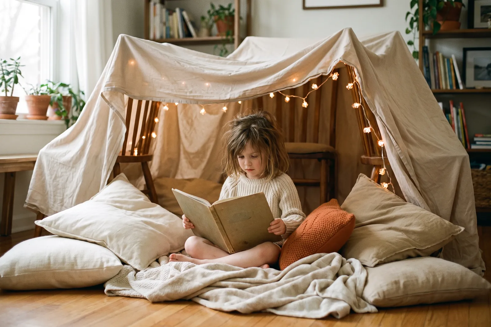 A six-year-old girl reads inside a blanket fort lit by string lights
