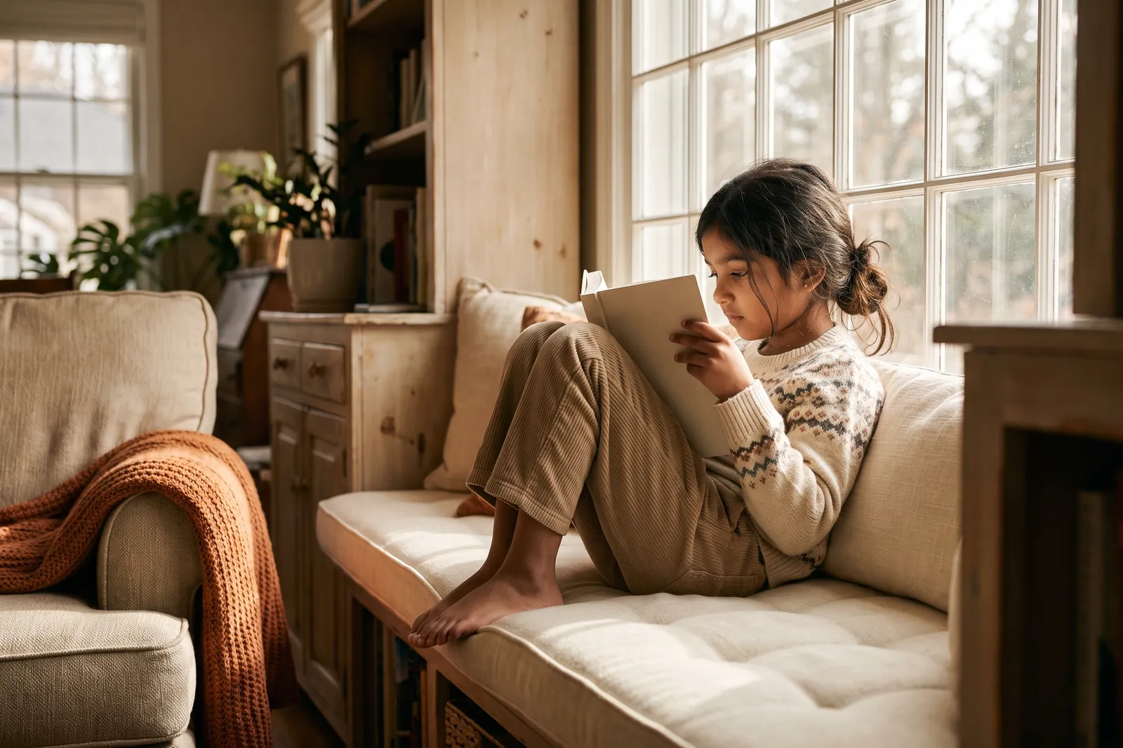 A seven-year-old girl curled up on a window seat absorbed in a chapter book