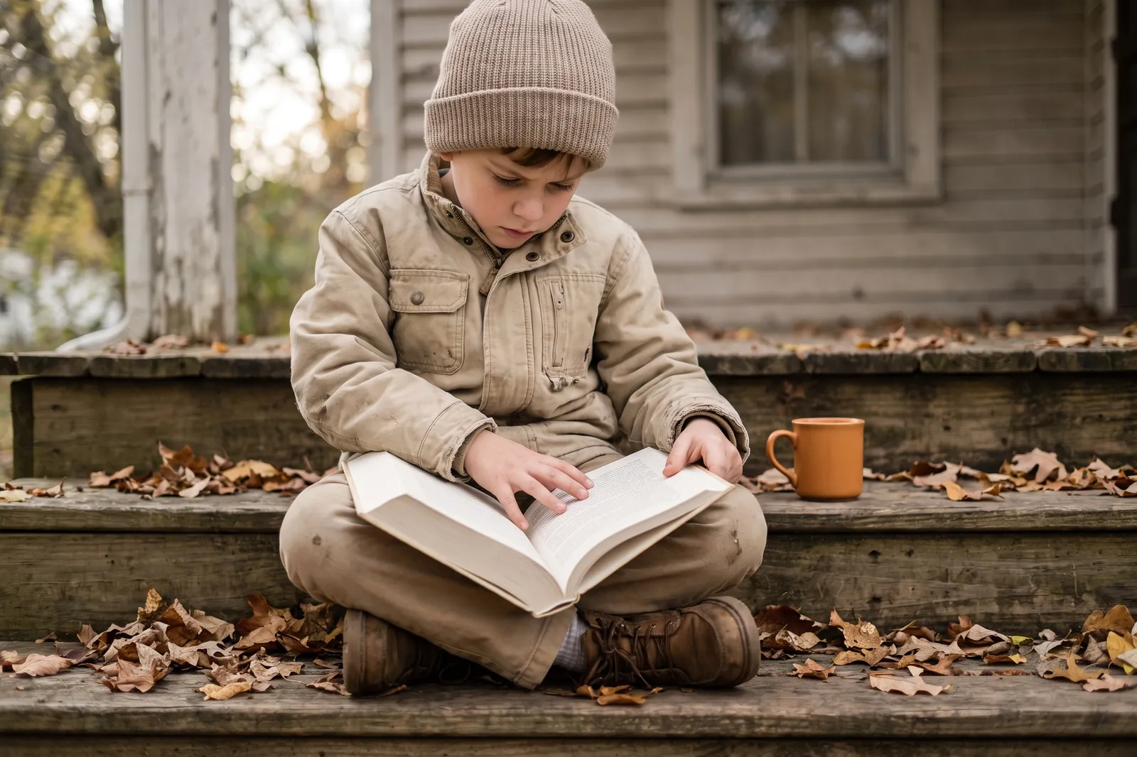 An eight-year-old boy reads a chapter book on the front porch steps among autumn leaves