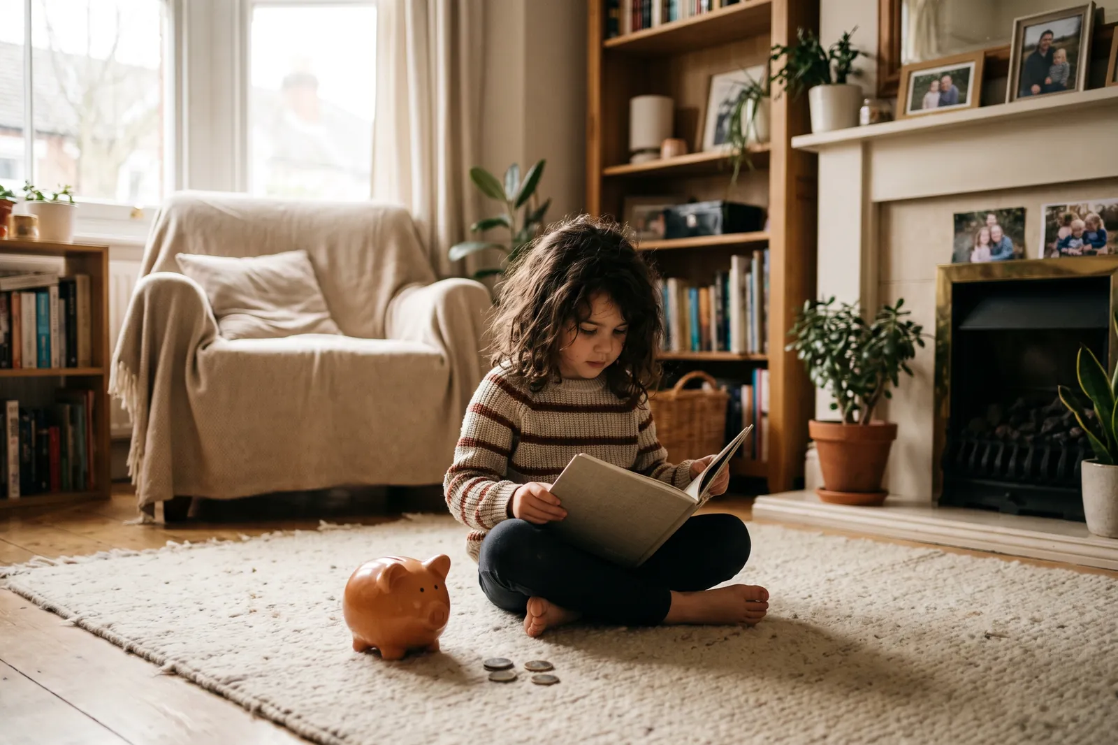 A young girl reads a picture book on the living room rug next to a small piggy bank and a few coins