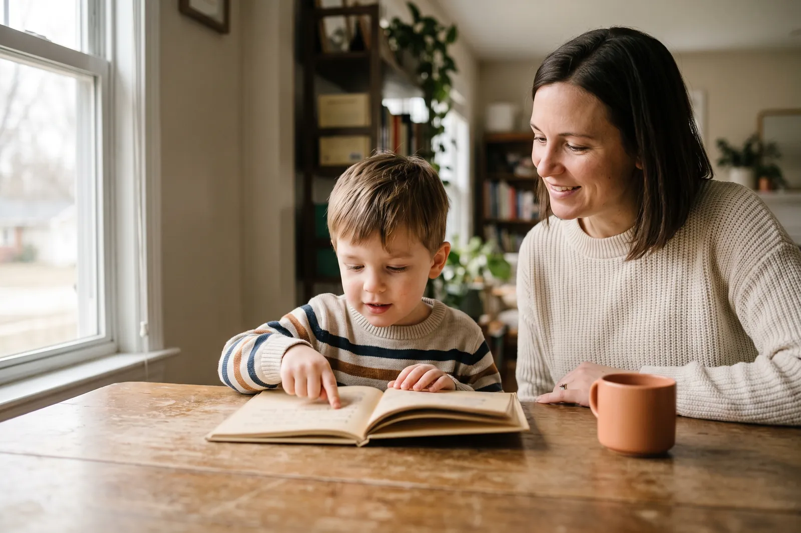 A young boy follows a line of an early reader with his finger while his mother sits beside him