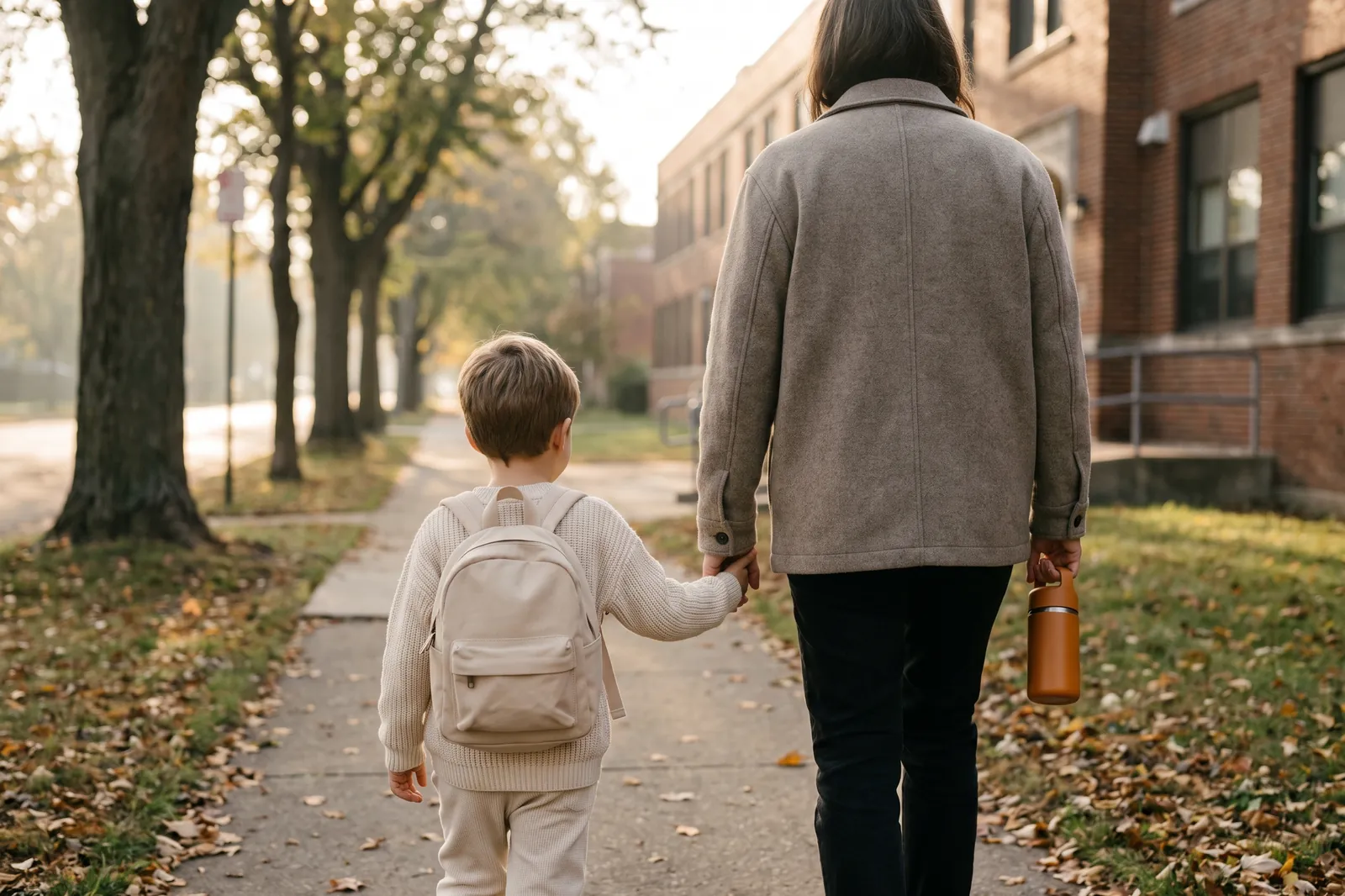 A child with a small backpack holds a parent's hand walking to school in the morning