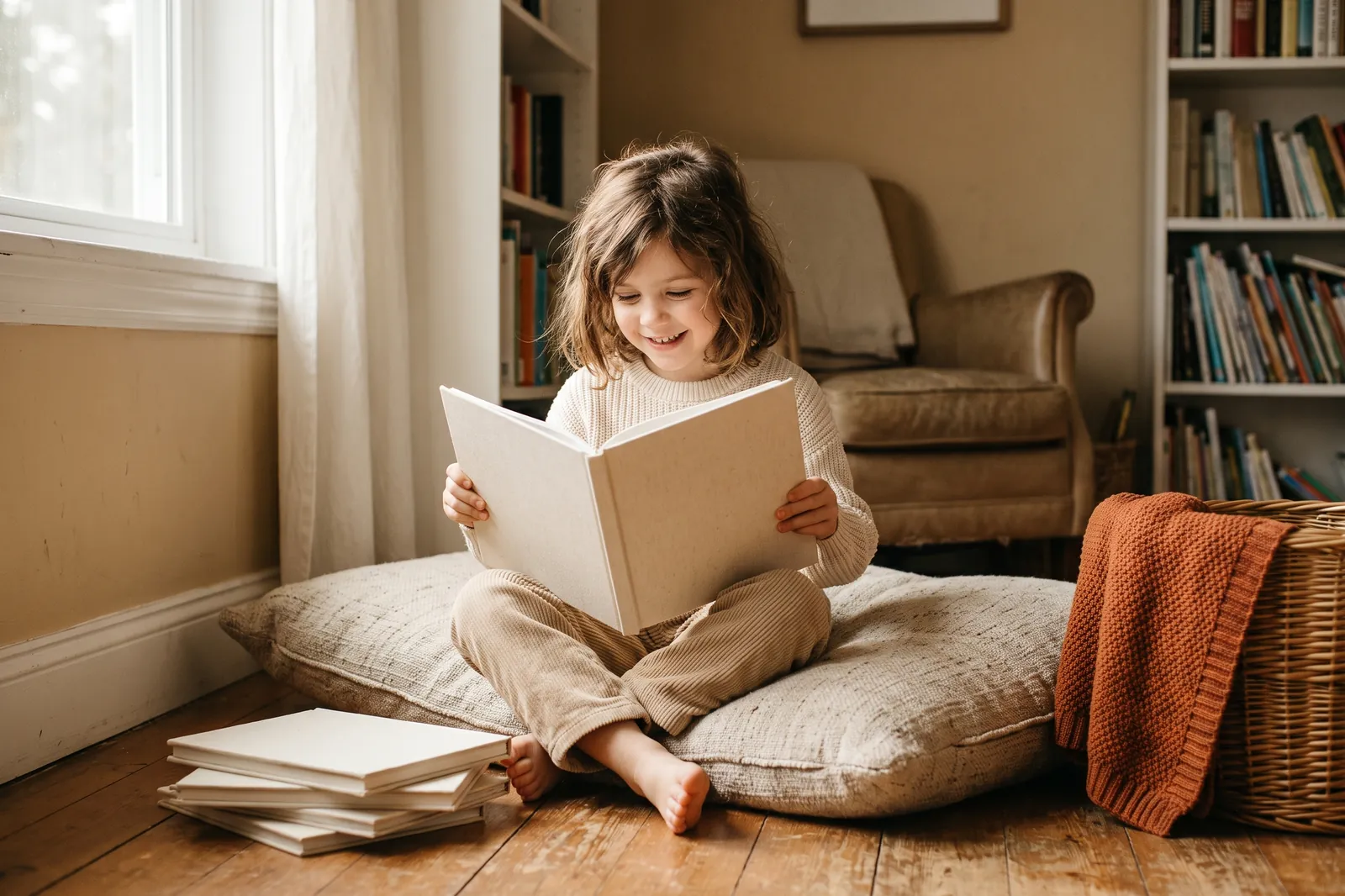A girl sits in a reading corner beside a stack of new picture books, opening the top one