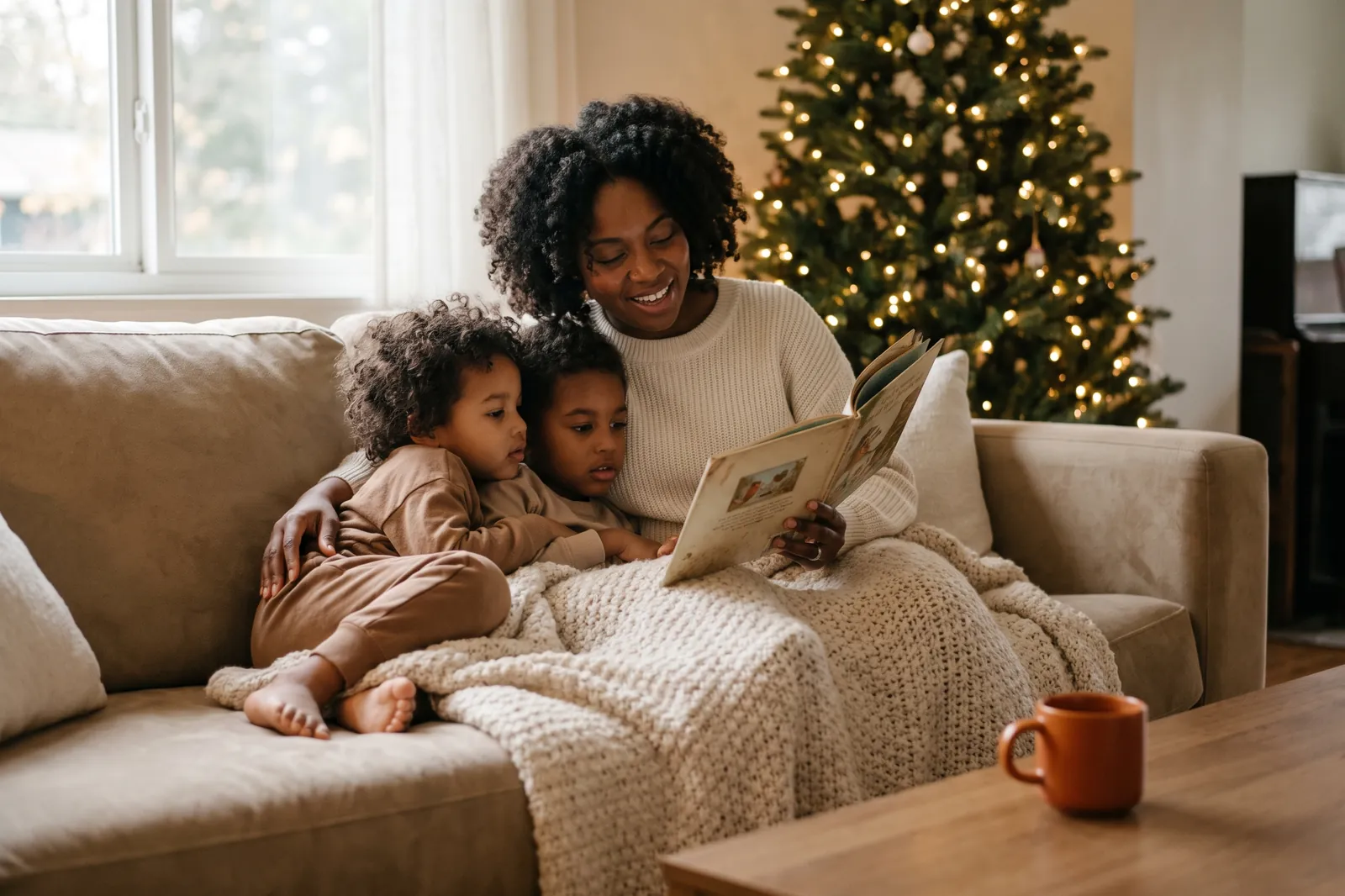 A mother reads a picture book to her two children on the sofa beside a softly lit Christmas tree