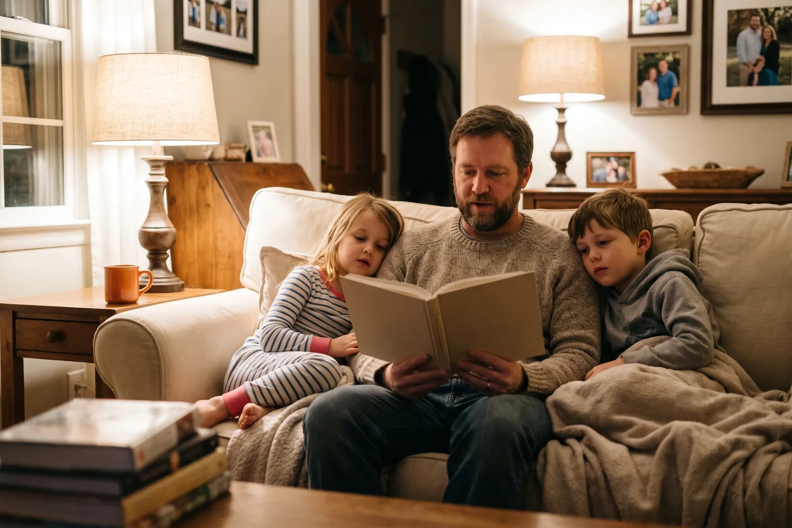 A father reads a chapter book aloud to two children on the couch in the evening