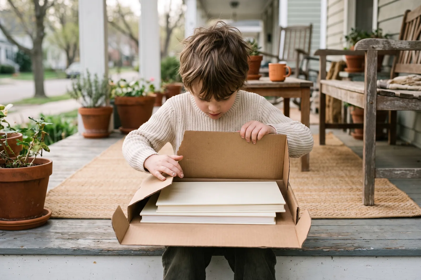 A young boy opens a cardboard box of new picture books on the front porch steps