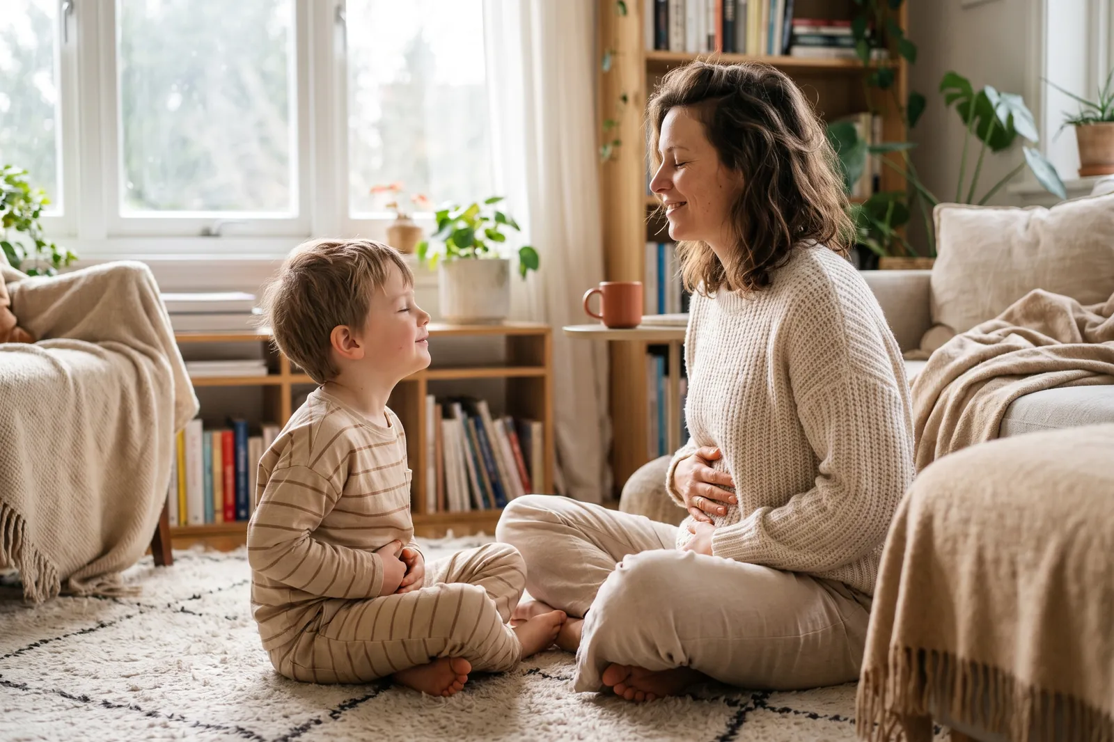 A mother and her son sit cross-legged on the rug taking a slow breath together
