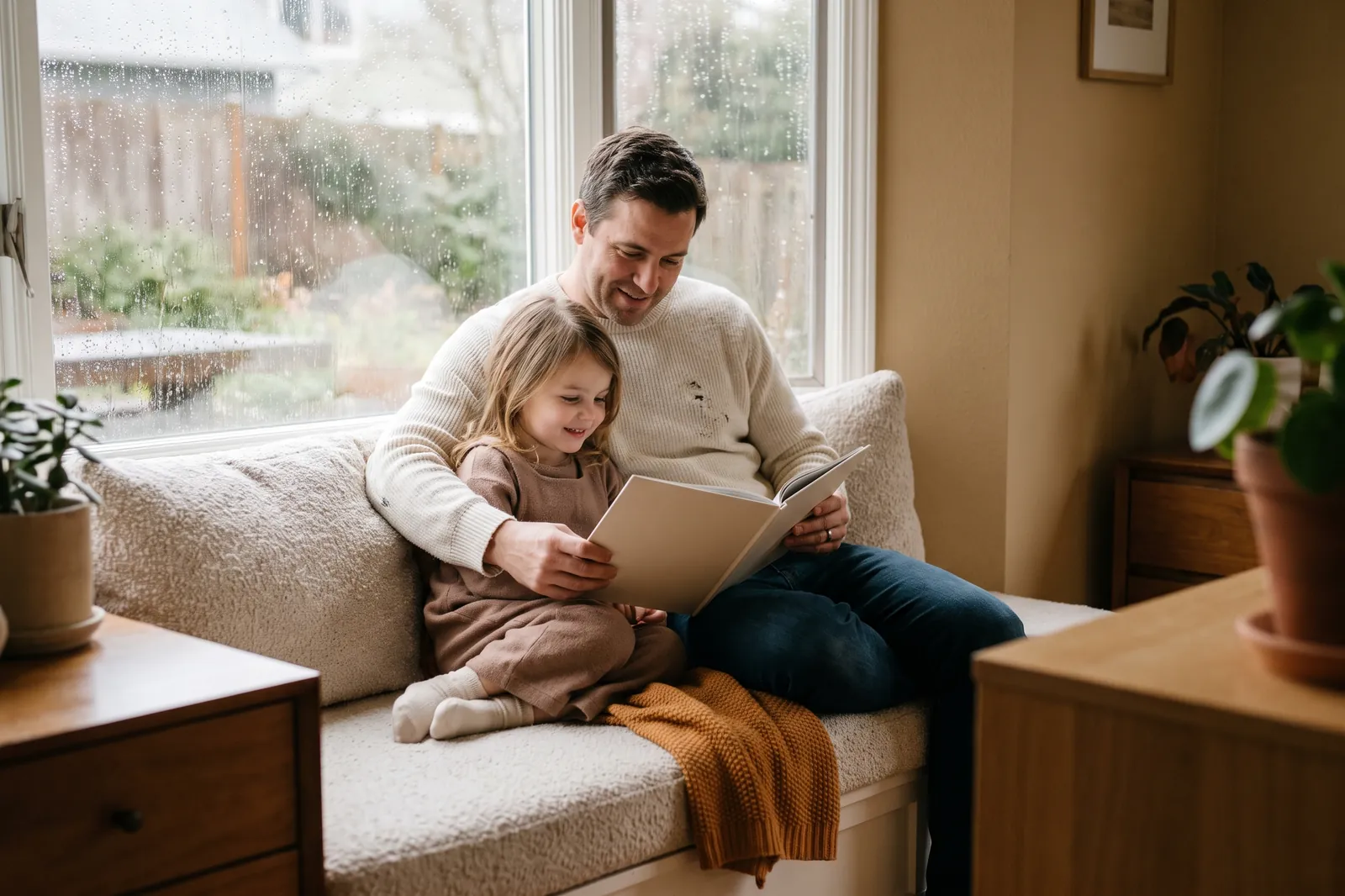 A young child leans into her father's side on a window seat on a rainy day