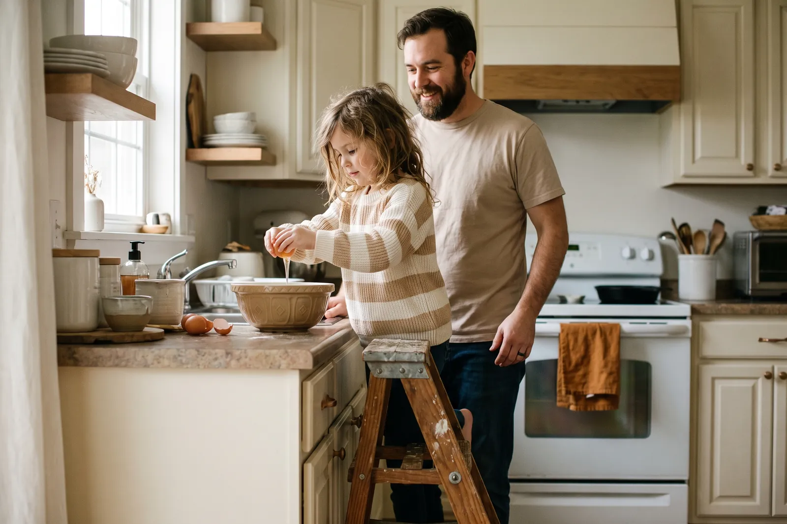 A young girl on a step stool proudly cracks an egg into a bowl while her father watches