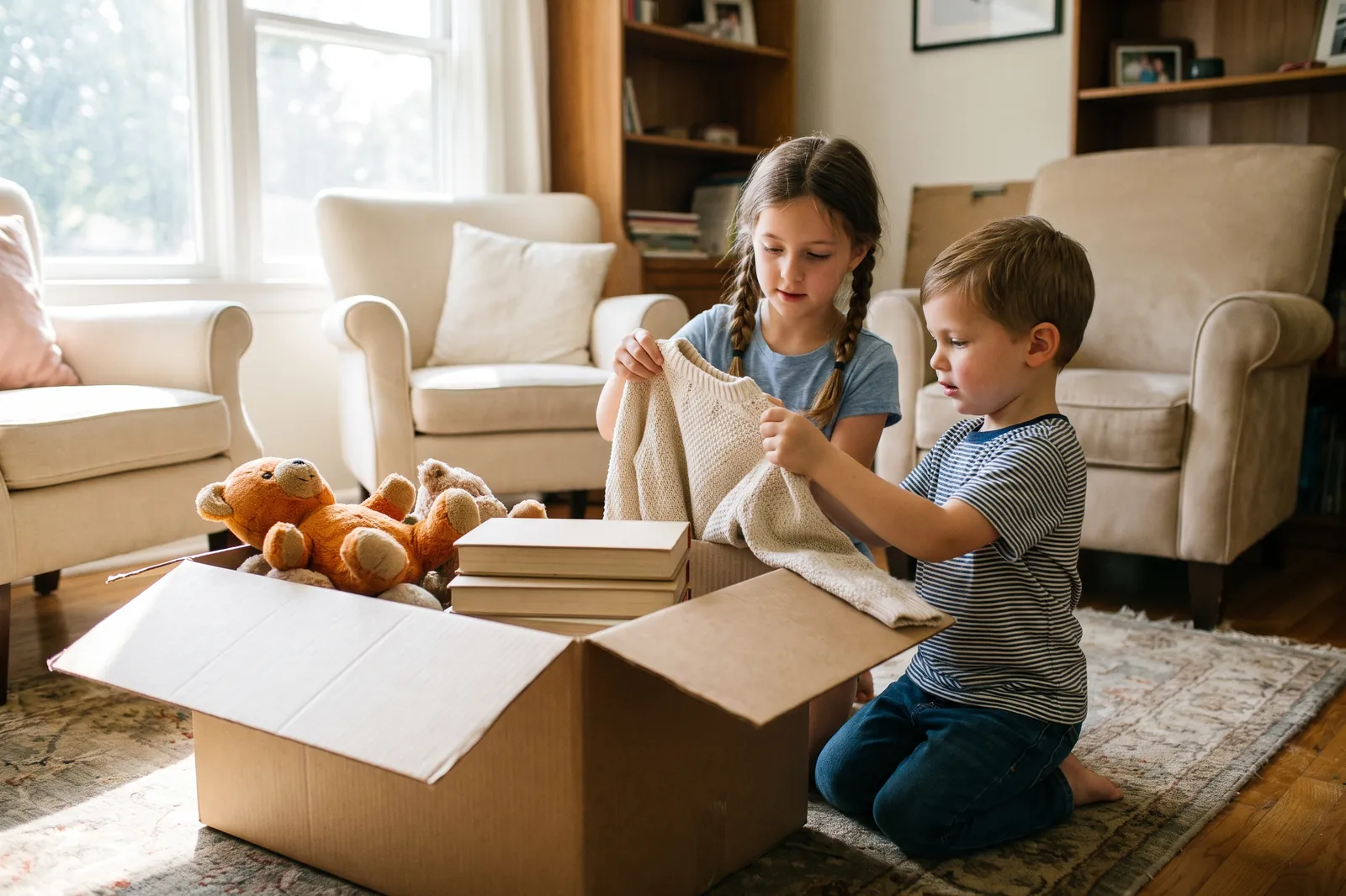 Two siblings pack outgrown toys and books into a donation box in the living room