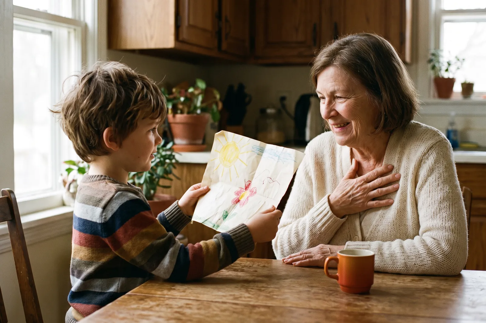 A young boy gives his grandmother a crayon drawing at the kitchen table