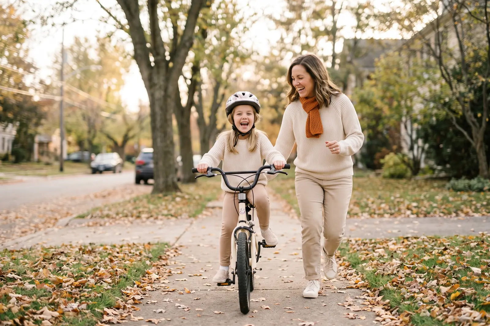 A young girl learns to ride a bike as her mother jogs alongside holding the seat
