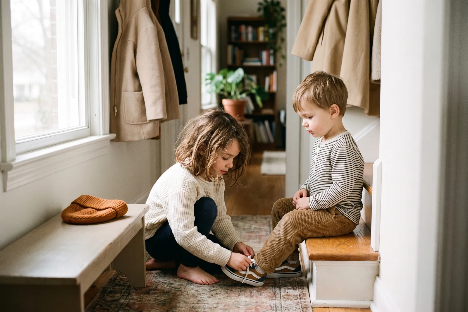 A girl kneels at the front door helping her little brother put on his shoes