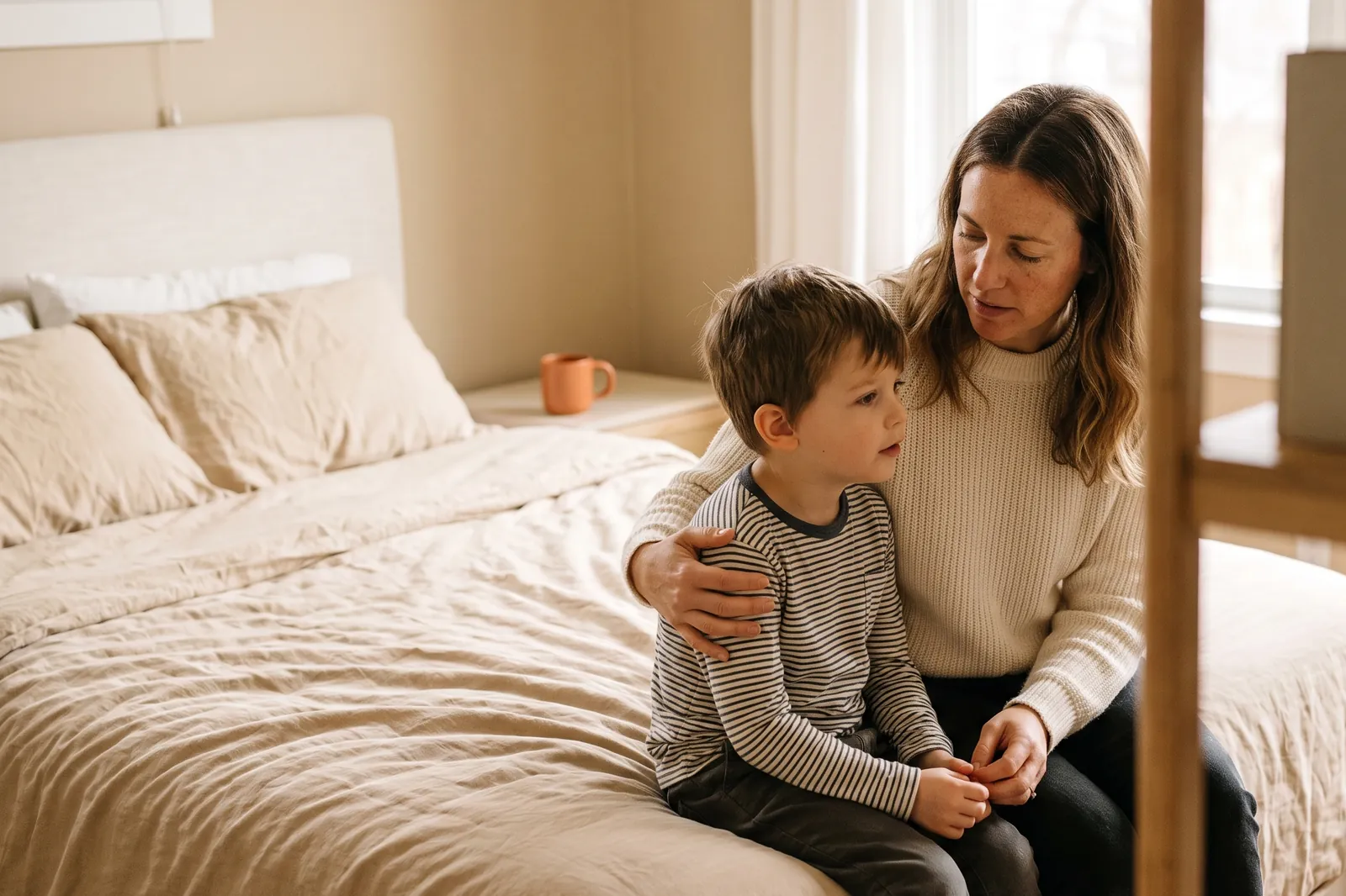 A mother listens warmly with her arm around her son as they talk on the edge of his bed