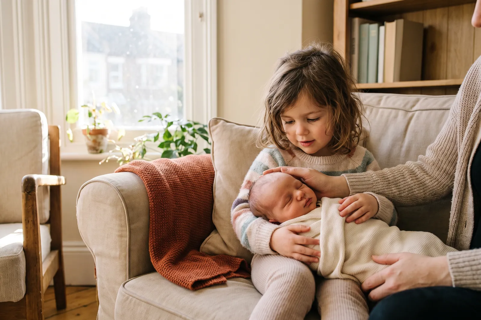 A young girl gently holds her newborn brother with her mother supporting the baby's head