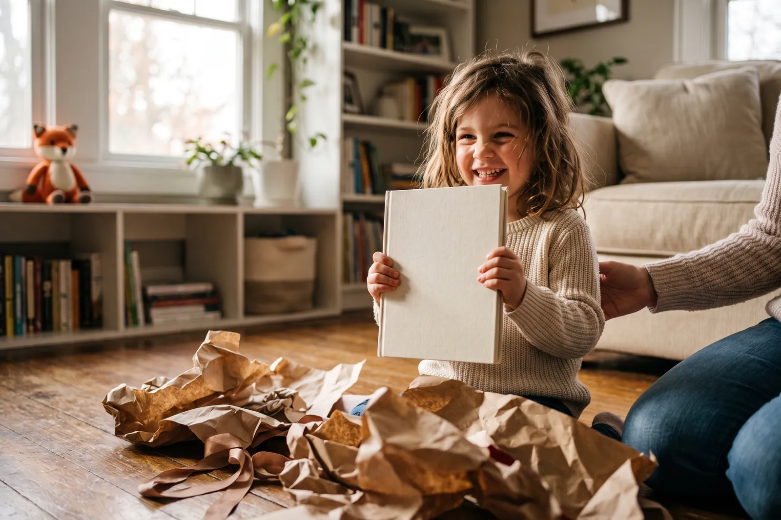 A young girl holds up a picture book she just unwrapped, surrounded by wrapping paper