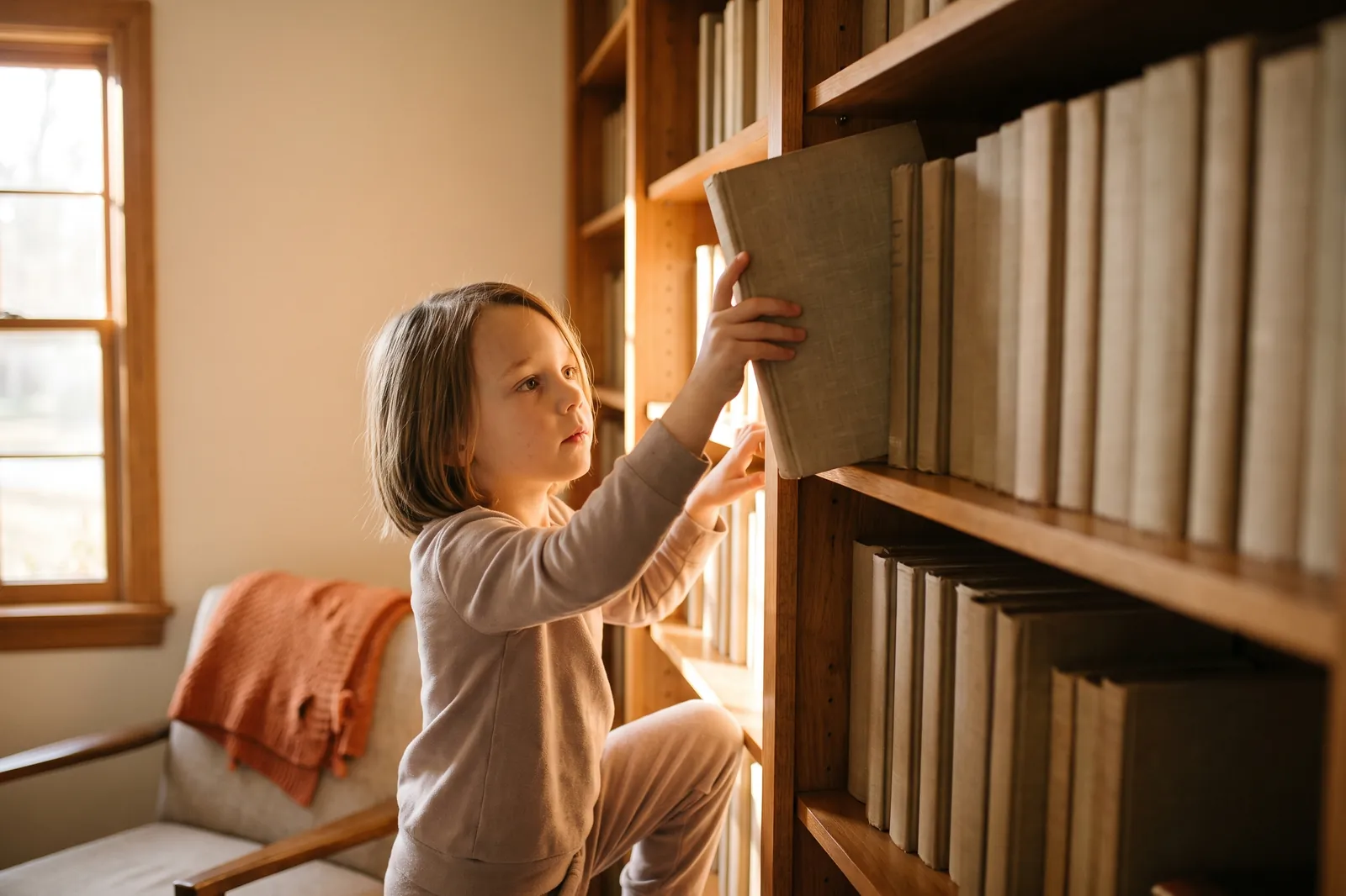 A child reaches for a worn hardcover on a shelf of older books