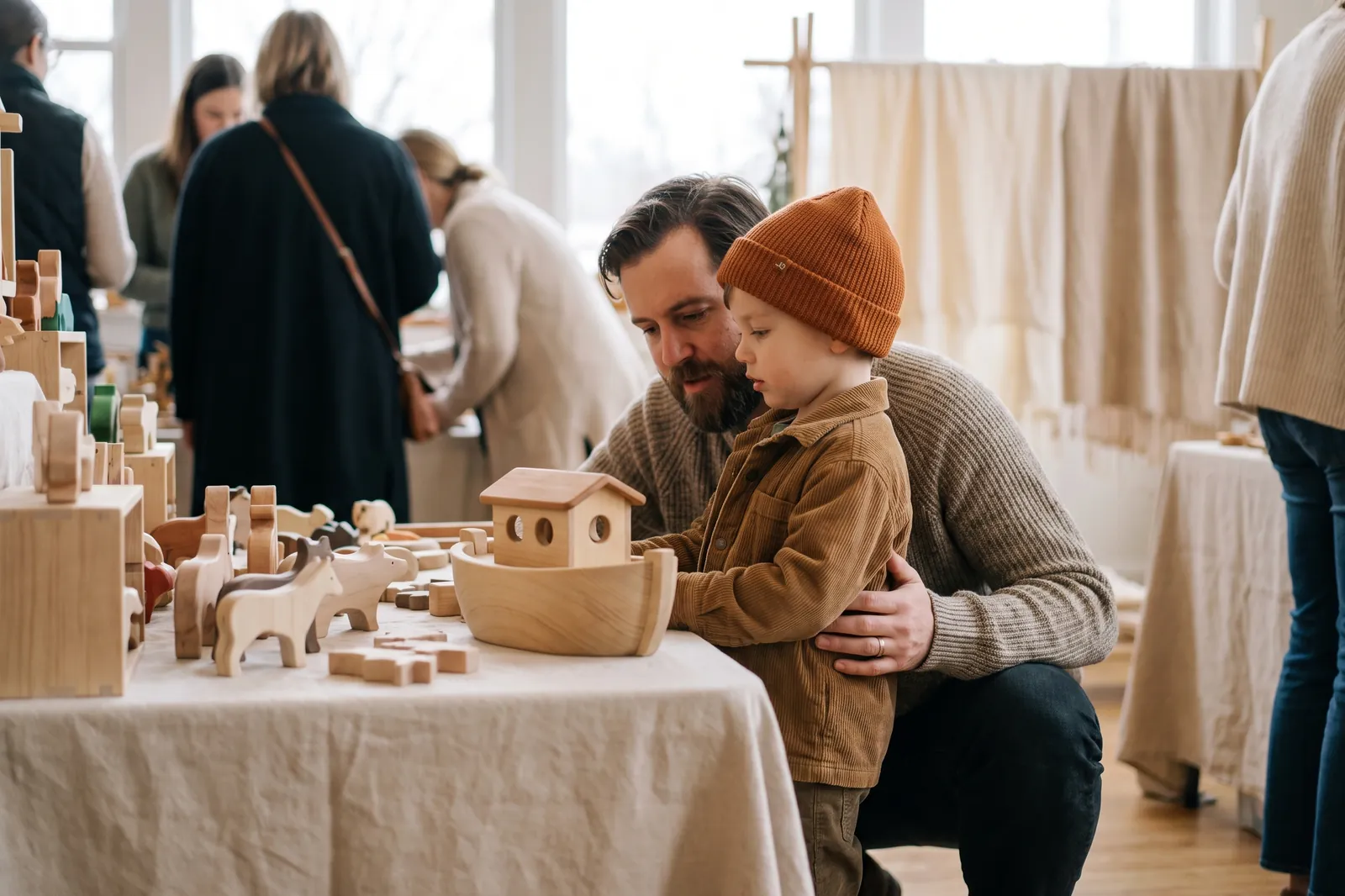 A father crouches beside his young son as the boy looks at wooden toys at a craft fair