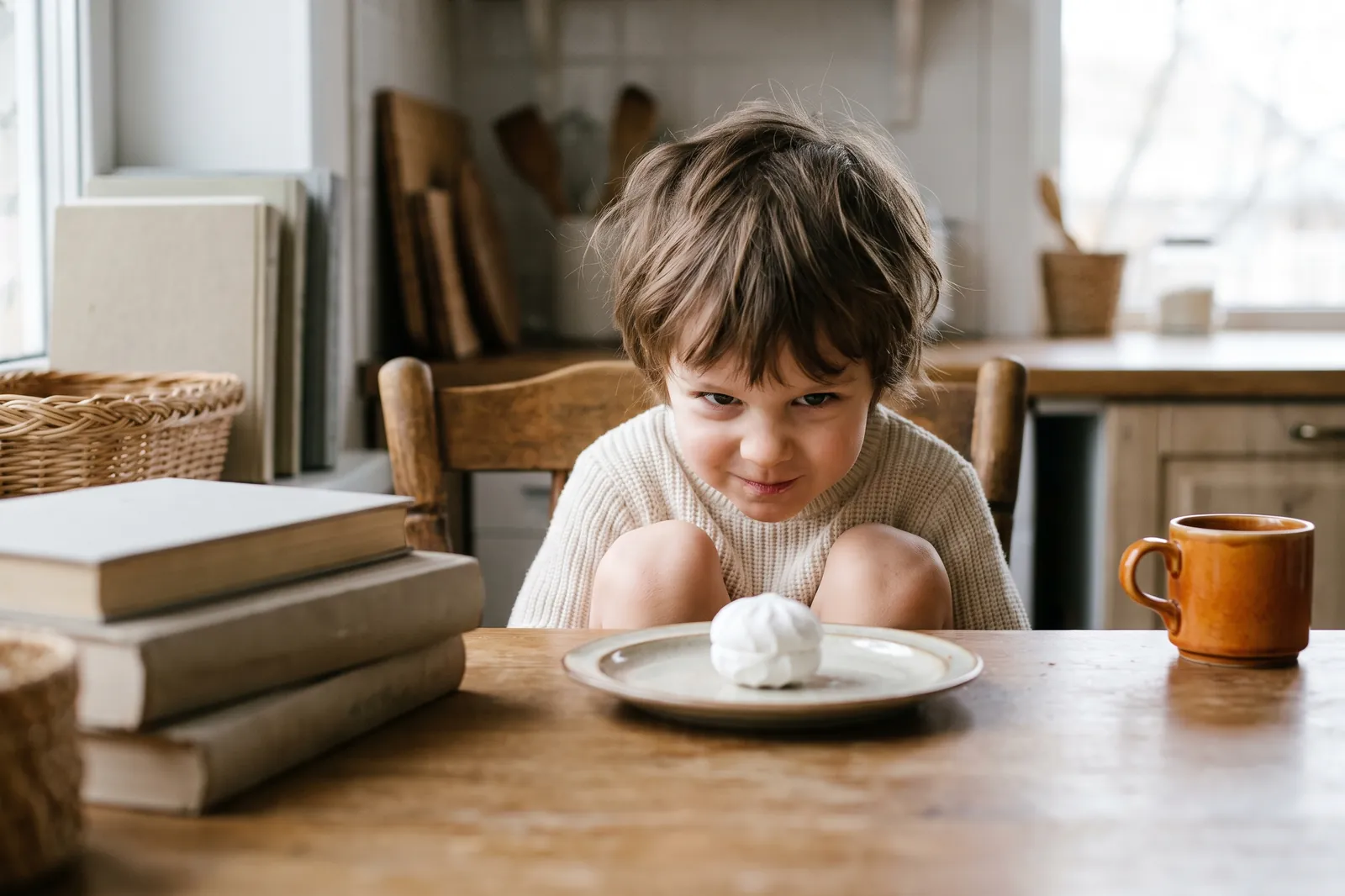 A young child sits at the table eyeing a single marshmallow on a plate