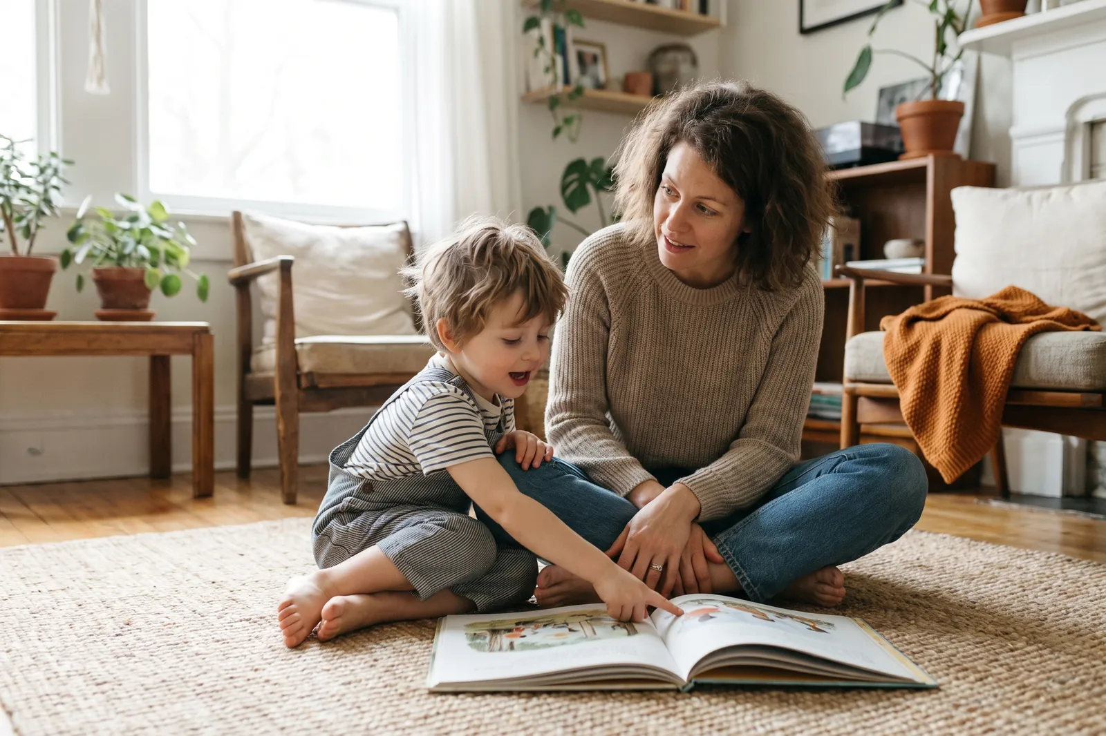 A mother asks a question as her son points at the picture book and answers