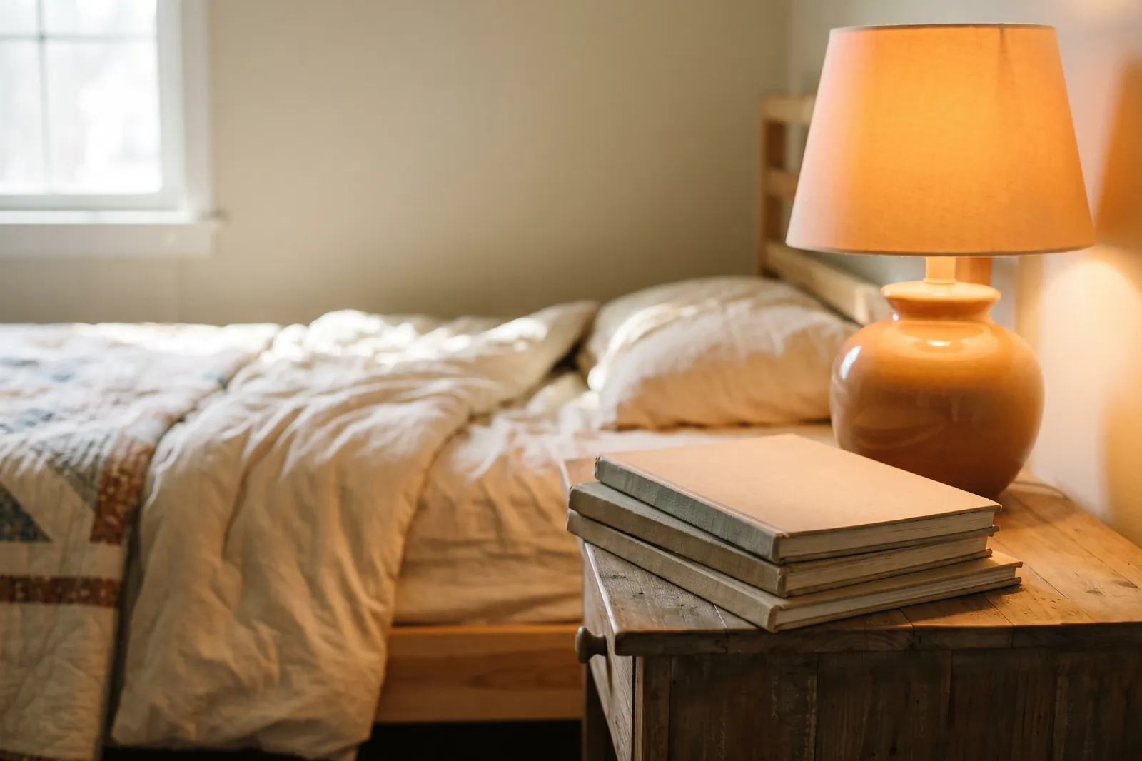 Three picture books stacked on a bedside table beside a warm lamp