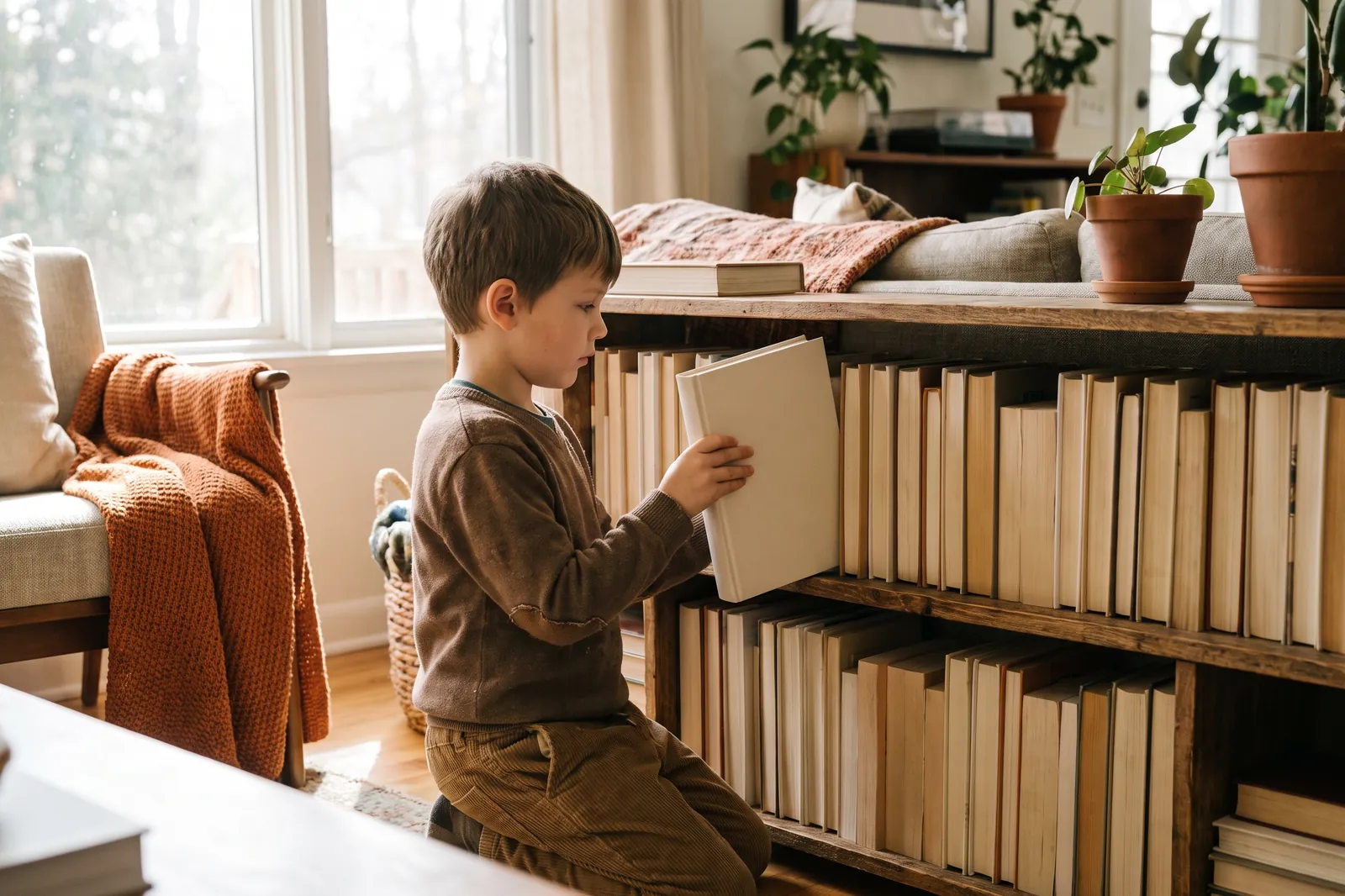 A young boy chooses a picture book from a low bookshelf at home