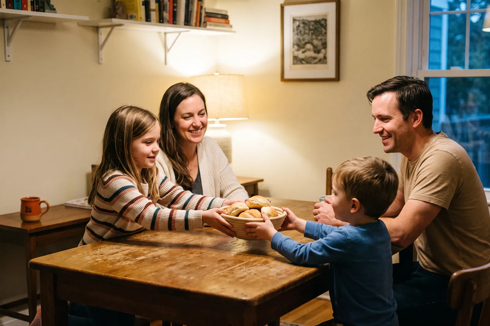A family at the dinner table as a girl passes a bowl of bread to her younger brother