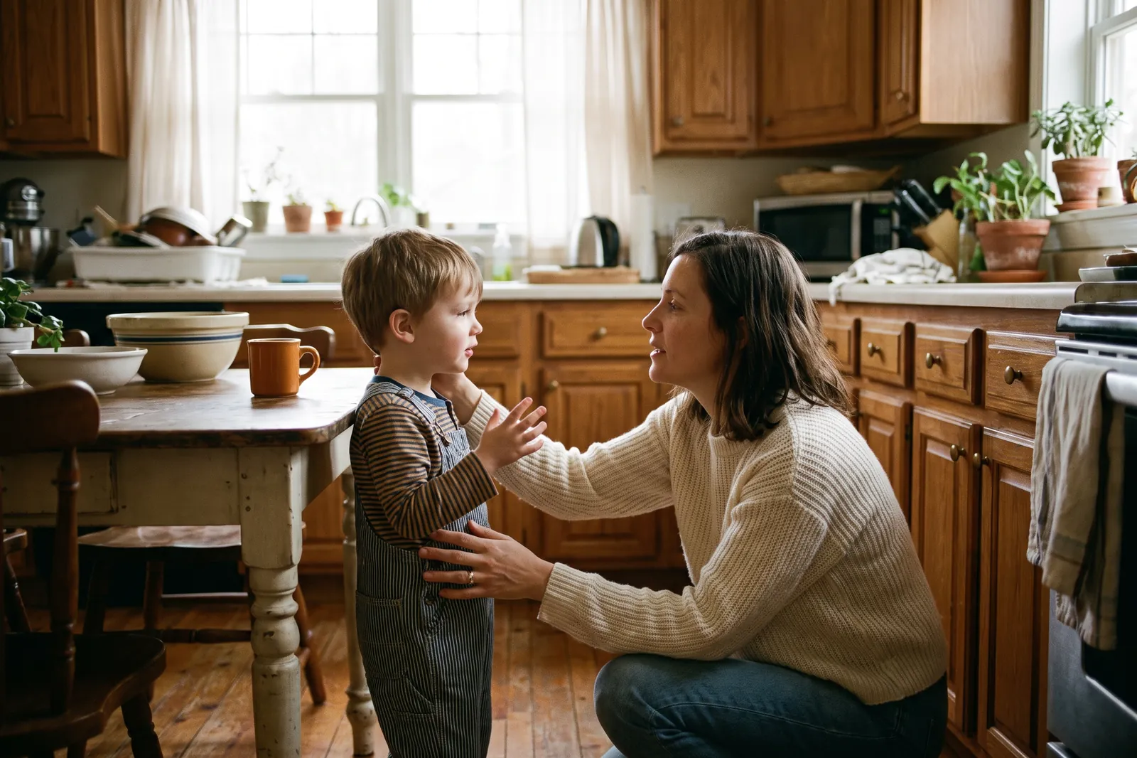 A mother kneels to eye level and listens to her young son in the kitchen