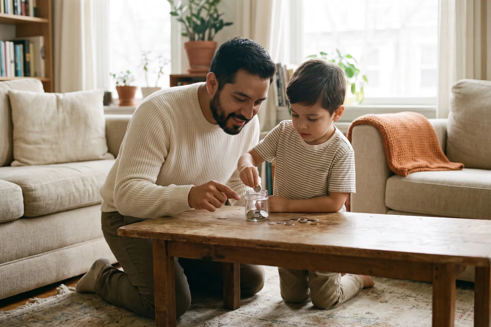 A father and his young son count coins into a small glass jar at a low wooden table