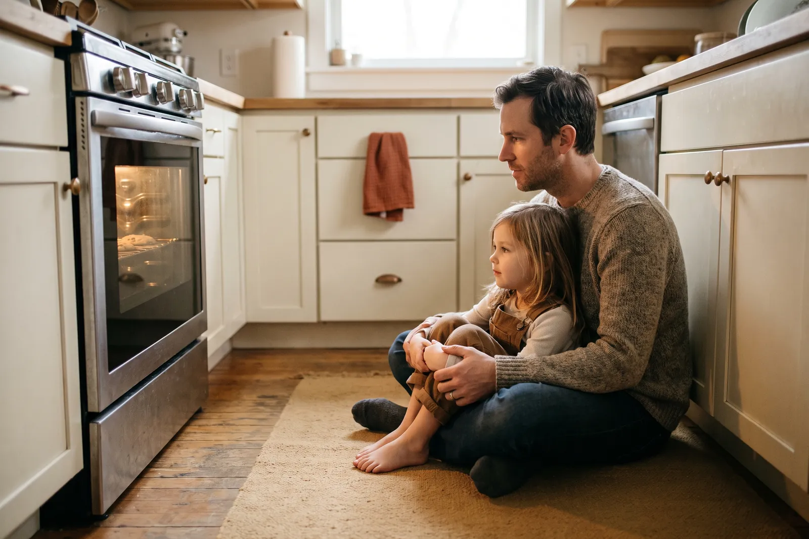 A father and daughter sit on the kitchen floor watching cookies bake through the oven door