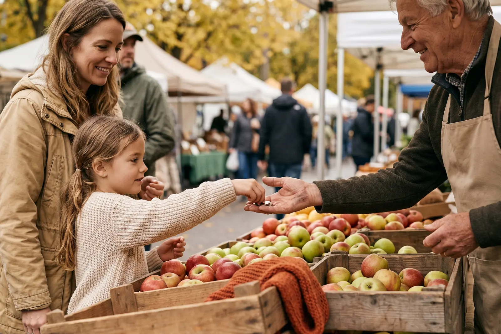 A young girl pays for apples with coins at a farmers market stall while her mother looks on