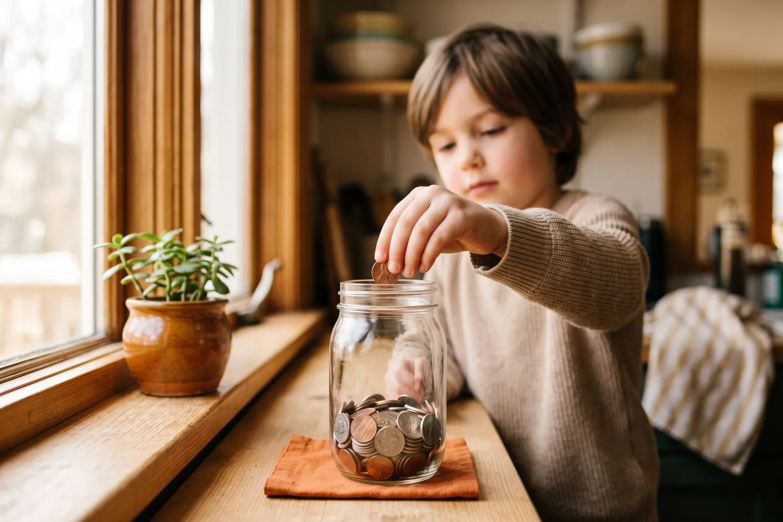 A child drops a coin into a clear glass jar that is one third full on a sunny windowsill
