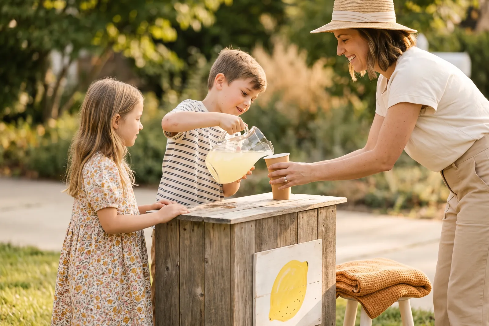 Two kids pour lemonade for a neighbor at their wooden lemonade stand on the front lawn