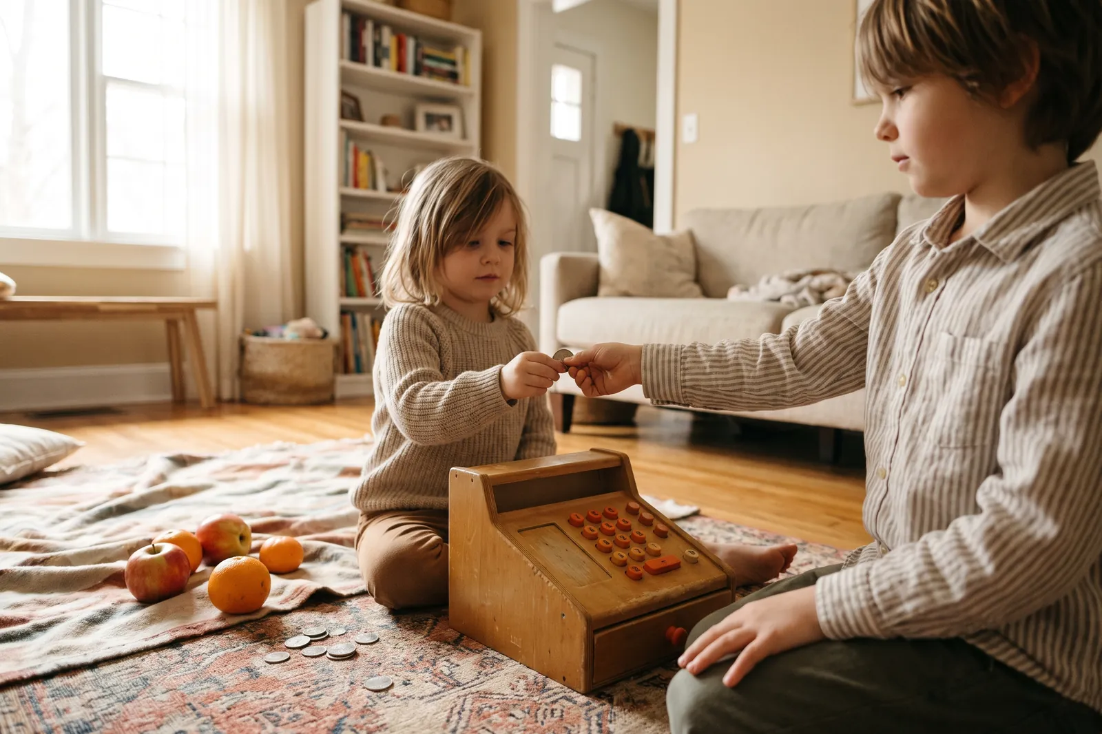 Two kids play pretend store on the floor with a wooden toy register, coins and fruit