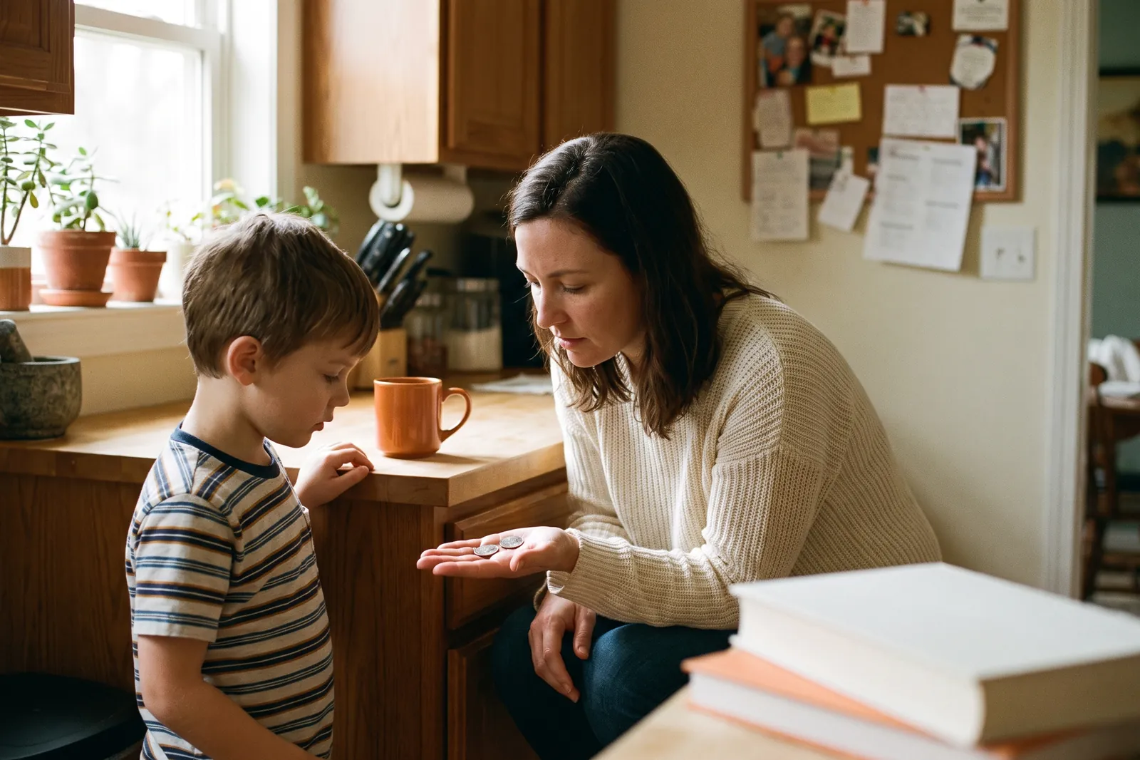 A mother shows her young son a few coins in her open palm at the kitchen counter