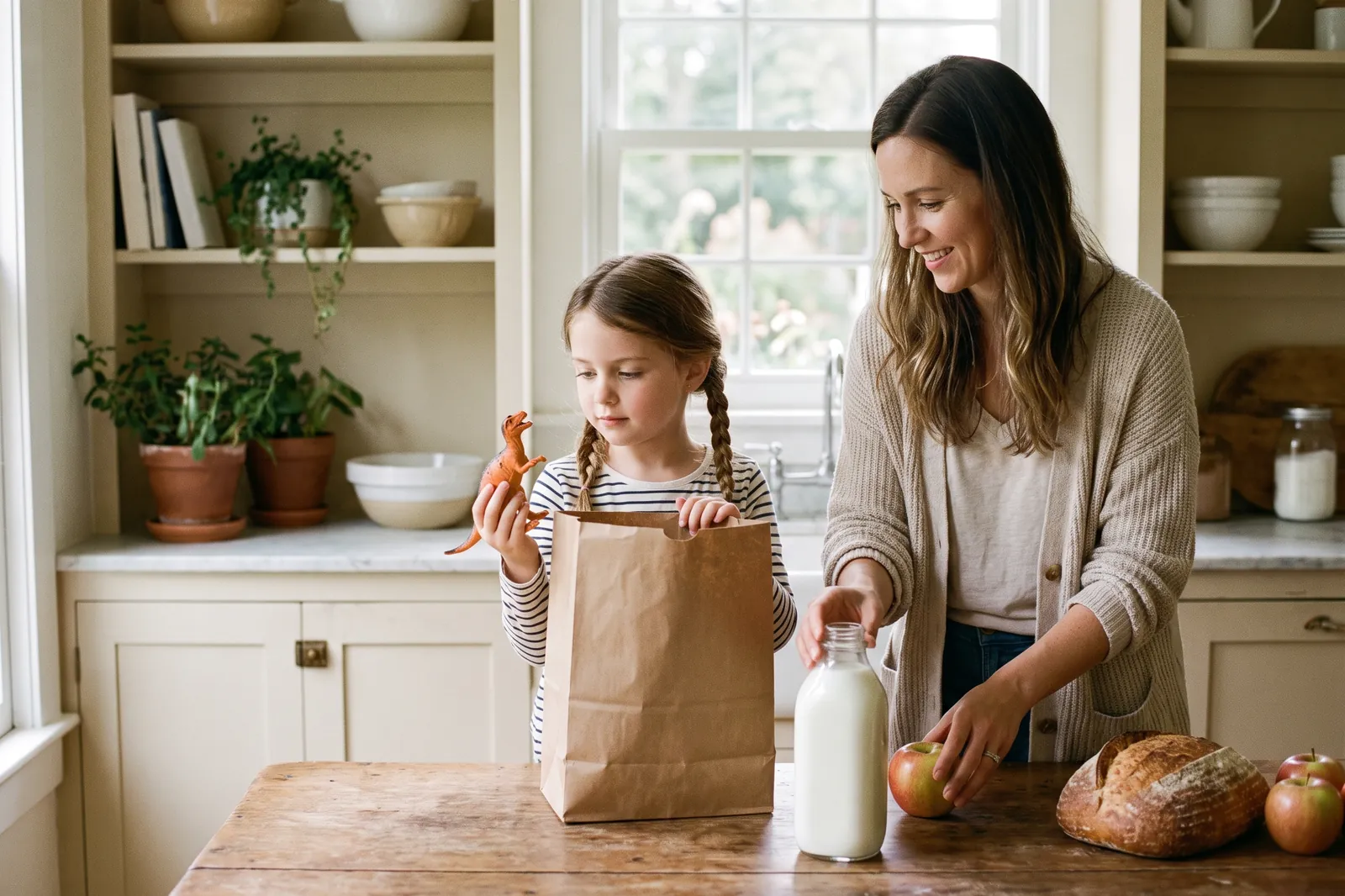 A mother and daughter unpack groceries while the girl holds a small toy and thinks