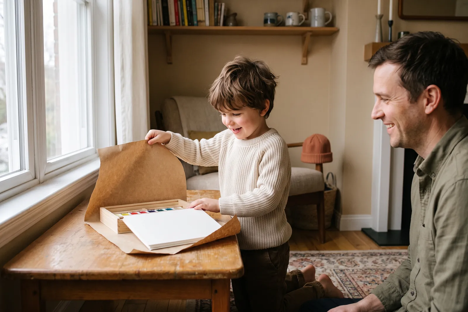 A young boy unwraps a watercolor paint set at a low table while his father watches