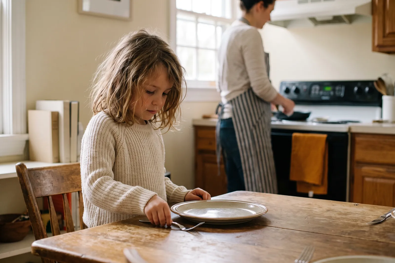 A young girl sets the dinner table while a parent cooks in the background