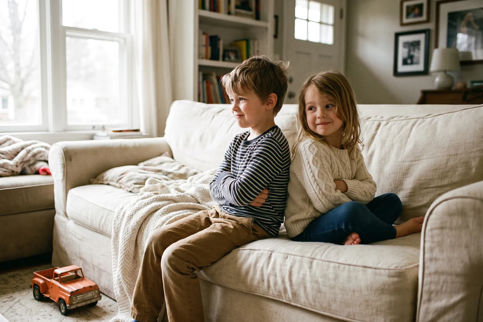 Two siblings sit back to back on the sofa with arms crossed, starting to smile