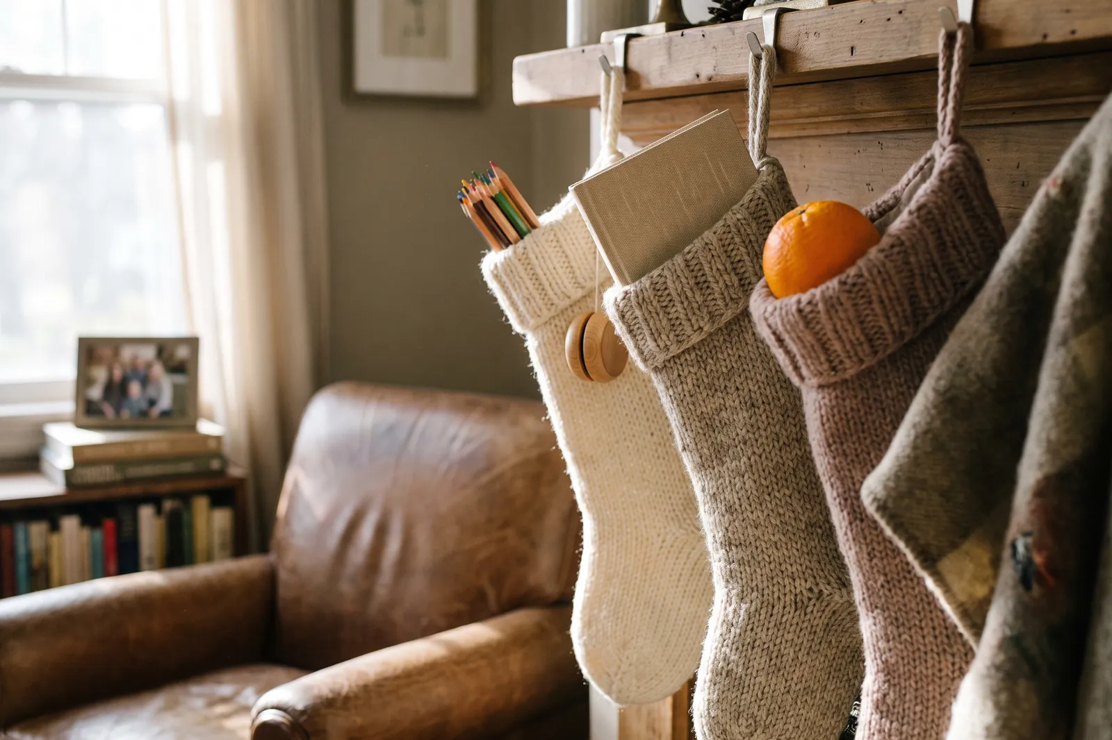 Knit stockings on a mantel with pencils, a wooden yo-yo, a small book and an orange peeking out
