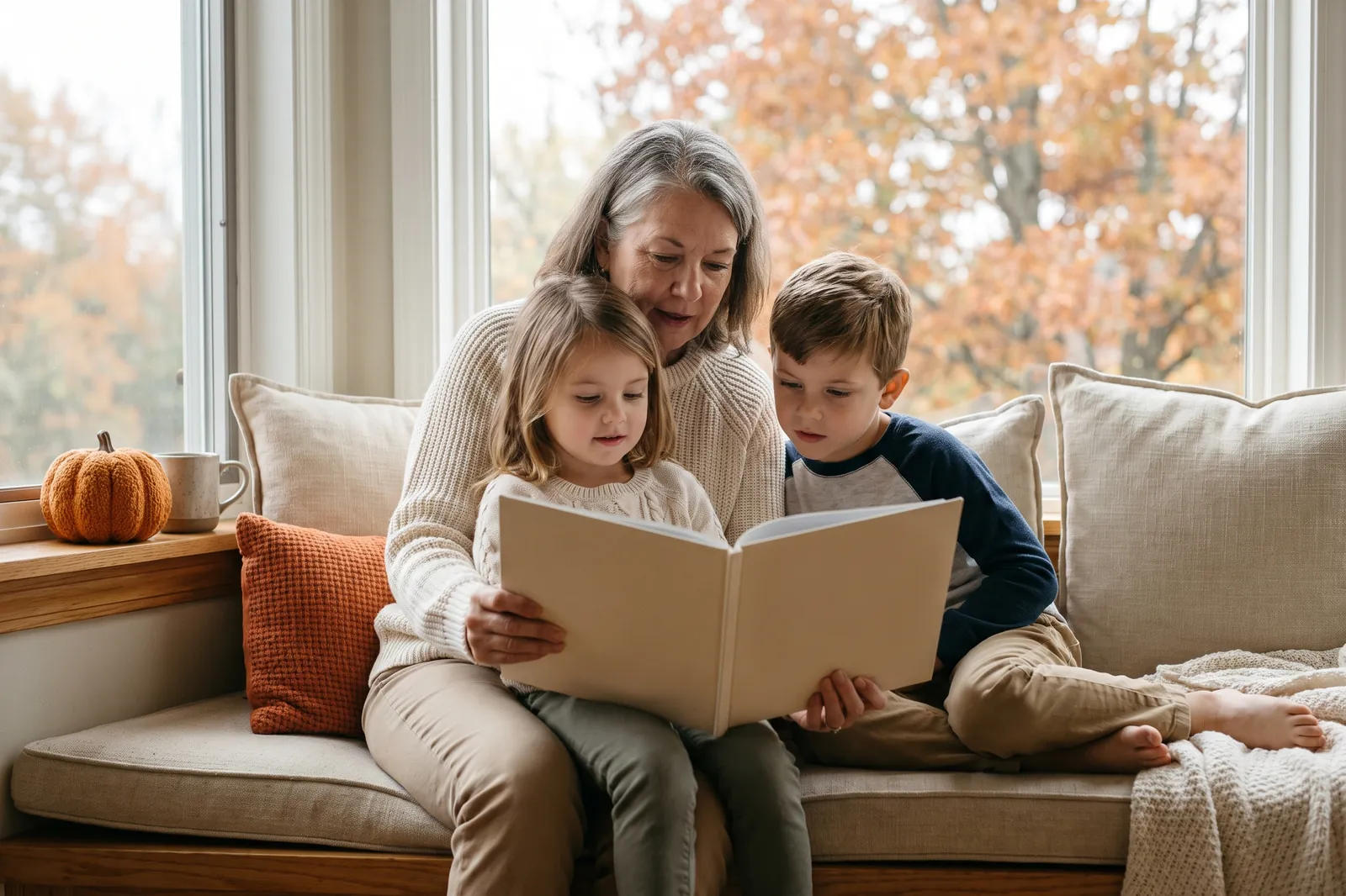 A grandmother reads to two grandchildren on a window seat with autumn trees outside
