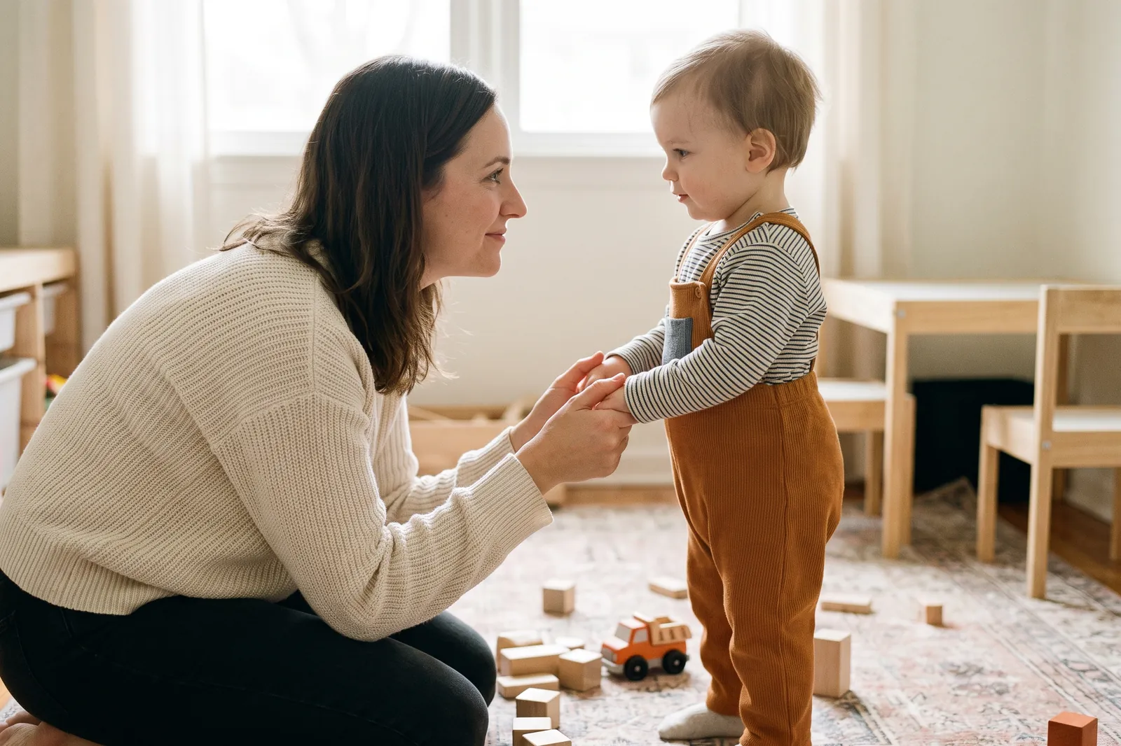 A mother kneels and holds her toddler's hands gently while speaking calmly in the playroom