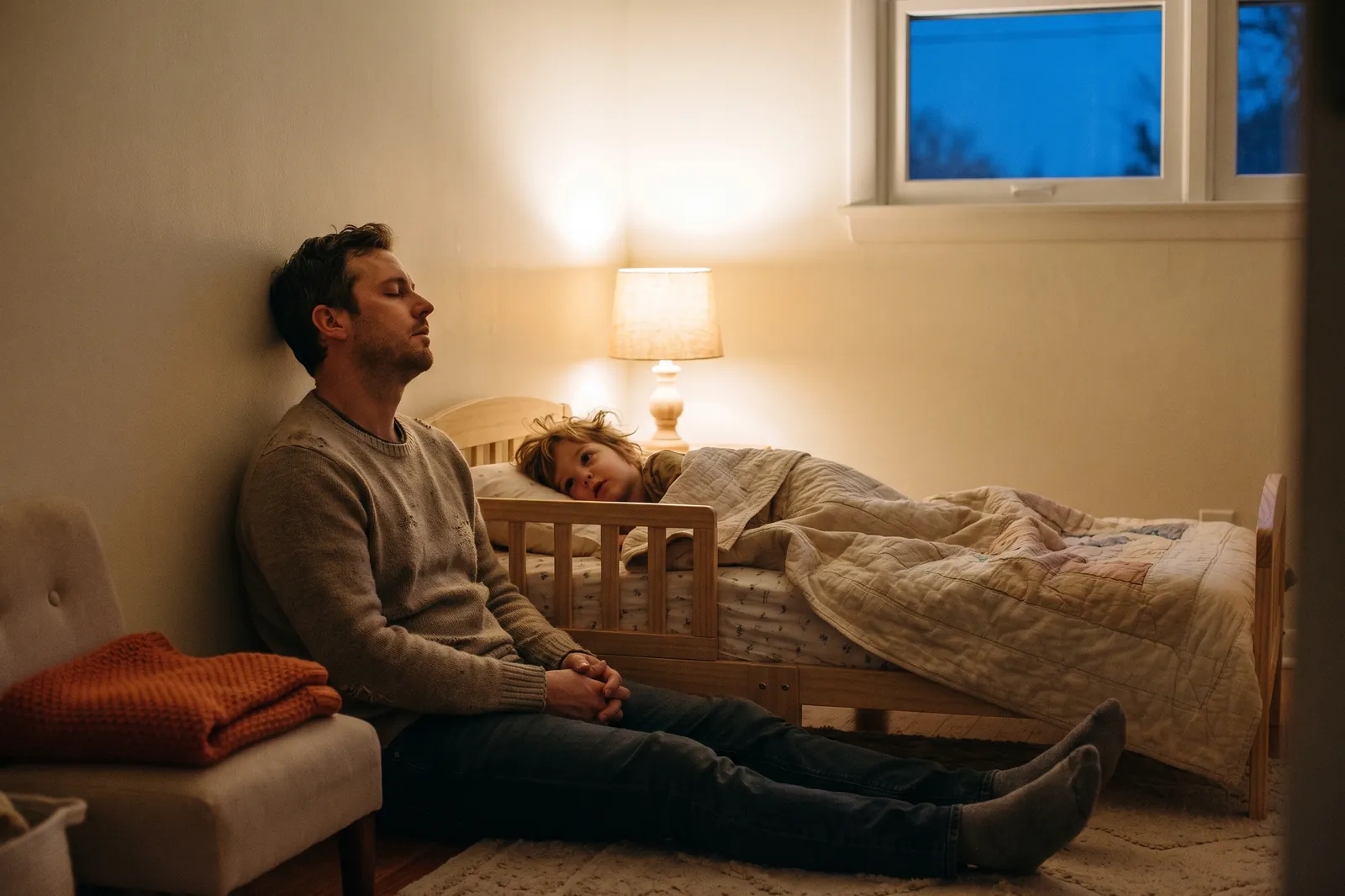 A tired father sits on the floor beside a toddler bed at dusk while his toddler lies awake